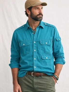 Vintage 1980s Banana Republic Safari Shirt Teal Cotton Utility Shirt Size L